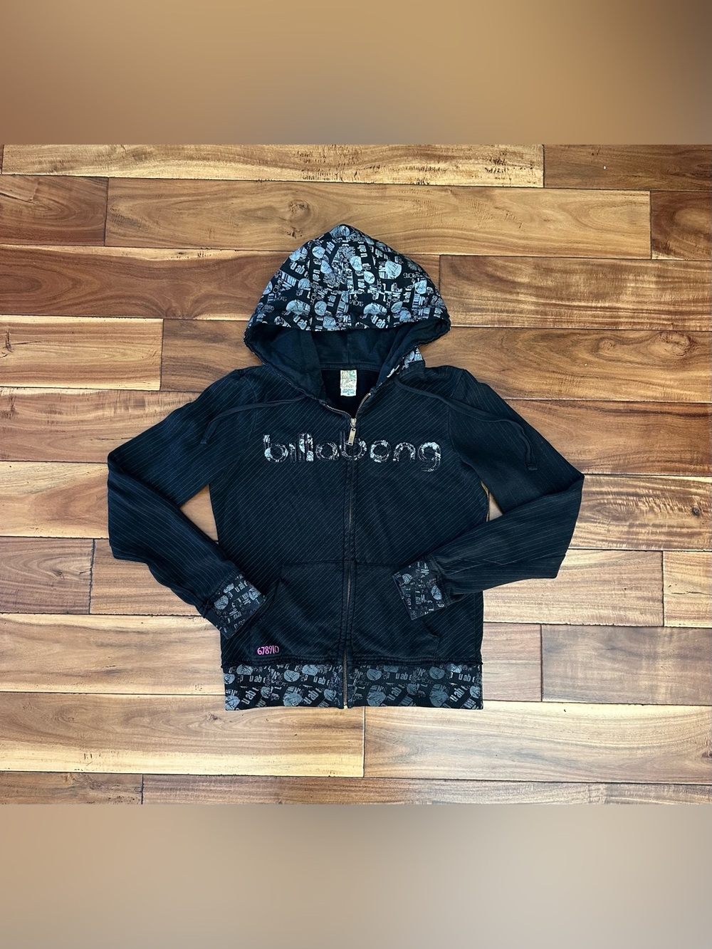Billabong Black Pinstripe Zip Up Hoodie Womens Medium Y2K